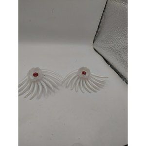 Vintage clip On Earrings White Plastic Pink Rhinestone Center  # 1